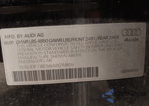 2006 Audi A4 2.0T z USA, uszkodzony, nr VIN WAUDF78E56A024805